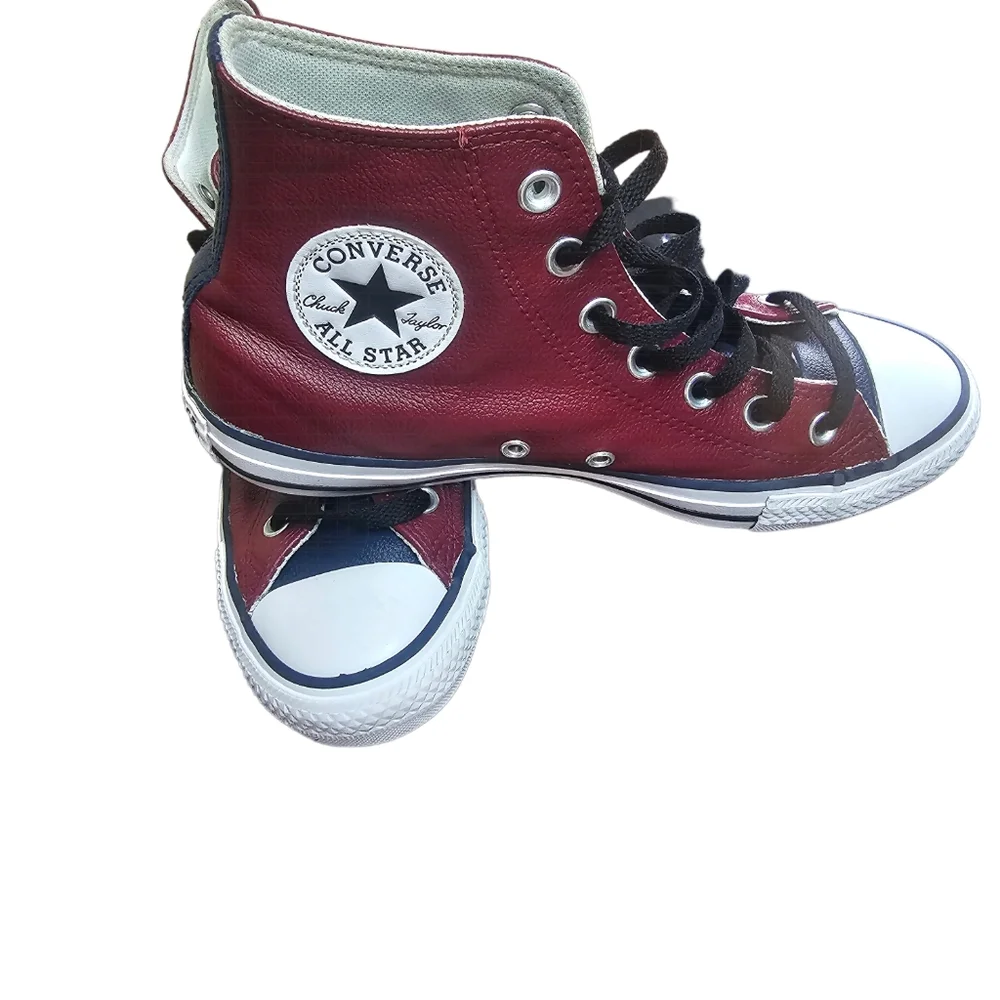 Converse All Stars unisex leather burgundy/blue hightop men's 6 women's 8